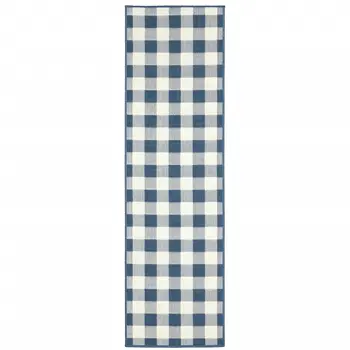 2' X 8' Blue and Ivory Geometric Stain Resistant Indoor Outdoor Area Rug