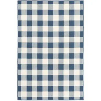 5' X 8' Blue and Ivory Geometric Stain Resistant Indoor Outdoor Area Rug