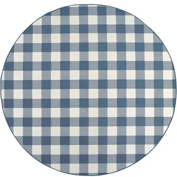 8' X 8' Blue and Ivory Round Geometric Stain Resistant Indoor Outdoor Area Rug