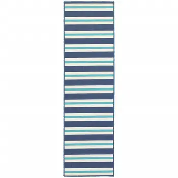 2' X 8' Blue and Ivory Geometric Stain Resistant Indoor Outdoor Area Rug