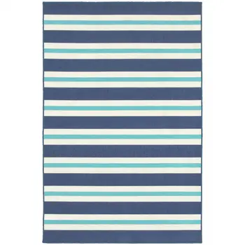 7' X 10' Blue and Ivory Geometric Stain Resistant Indoor Outdoor Area Rug