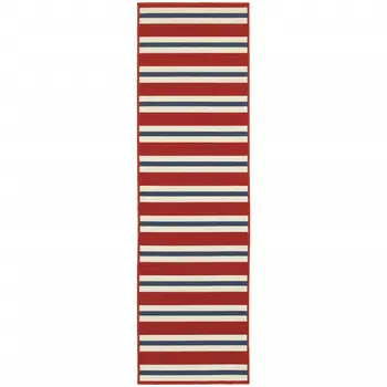 2' X 8' Red and Ivory Geometric Stain Resistant Indoor Outdoor Area Rug