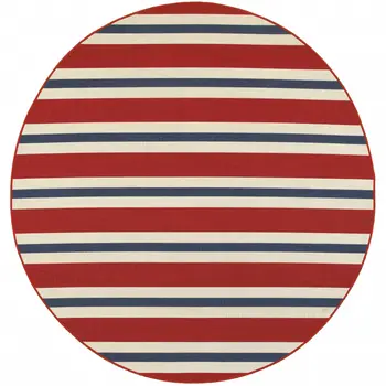8' X 8' Red and Ivory Round Geometric Stain Resistant Indoor Outdoor Area Rug
