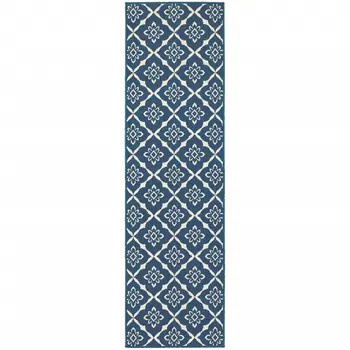 2' X 8' Blue and Ivory Floral Stain Resistant Indoor Outdoor Area Rug