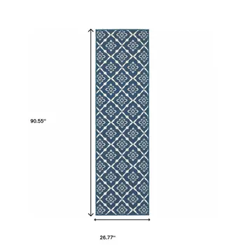2' X 8' Blue and Ivory Floral Stain Resistant Indoor Outdoor Area Rug