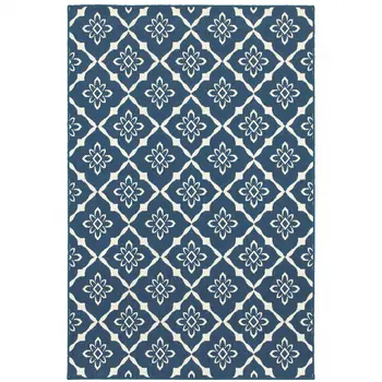 9' X 13' Blue and Ivory Floral Stain Resistant Indoor Outdoor Area Rug