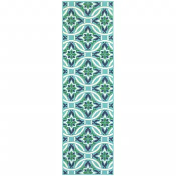 2' X 8' Blue and Green Geometric Stain Resistant Indoor Outdoor Area Rug