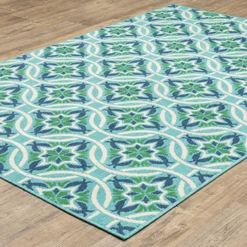 7' X 10' Blue and Green Geometric Stain Resistant Indoor Outdoor Area Rug