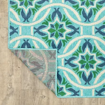 7' X 10' Blue and Green Geometric Stain Resistant Indoor Outdoor Area Rug