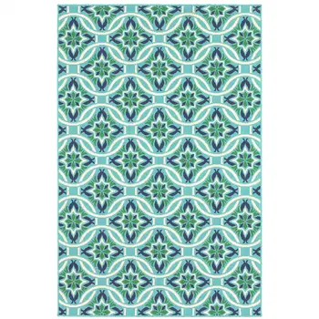 8' X 11' Blue and Green Geometric Stain Resistant Indoor Outdoor Area Rug
