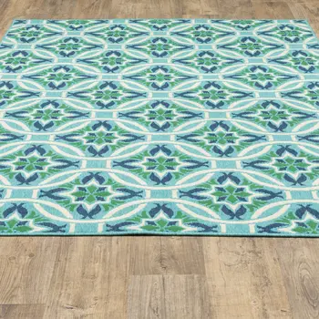8' X 11' Blue and Green Geometric Stain Resistant Indoor Outdoor Area Rug