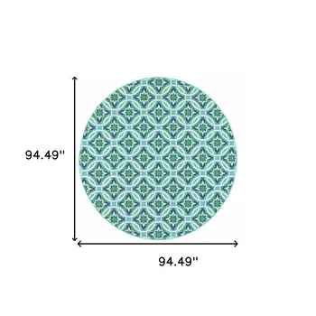 8' X 8' Blue and Green Round Geometric Stain Resistant Indoor Outdoor Area Rug