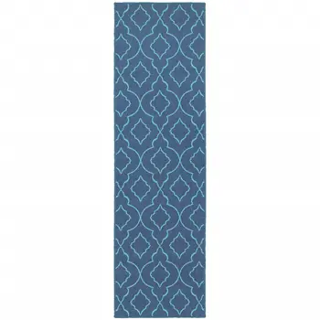 2' X 8' Blue Geometric Stain Resistant Indoor Outdoor Area Rug