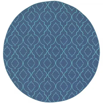 8' X 8' Blue Round Geometric Stain Resistant Indoor Outdoor Area Rug
