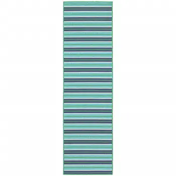 2' X 8' Blue and Green Geometric Stain Resistant Indoor Outdoor Area Rug