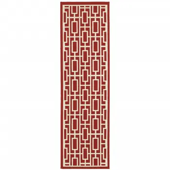 2' X 8' Red and Ivory Geometric Stain Resistant Indoor Outdoor Area Rug