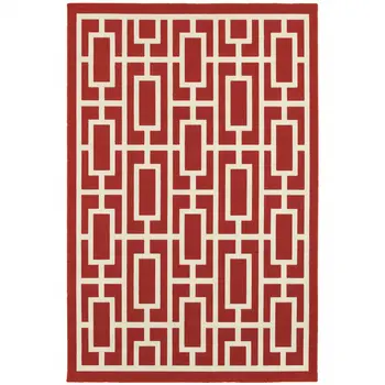 7' X 10' Red and Ivory Geometric Stain Resistant Indoor Outdoor Area Rug