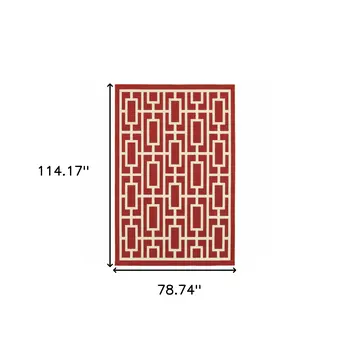 7' X 10' Red and Ivory Geometric Stain Resistant Indoor Outdoor Area Rug