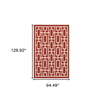 8' X 11' Red and Ivory Geometric Stain Resistant Indoor Outdoor Area Rug
