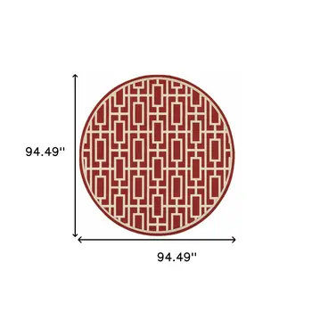 8' X 8' Red and Ivory Round Geometric Stain Resistant Indoor Outdoor Area Rug