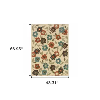 4' X 6' Brown and Ivory Floral Stain Resistant Indoor Outdoor Area Rug