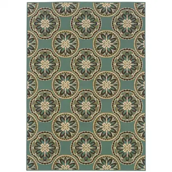 5' X 8' Blue and Ivory Floral Stain Resistant Indoor Outdoor Area Rug