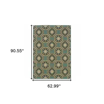 5' X 8' Blue and Ivory Floral Stain Resistant Indoor Outdoor Area Rug