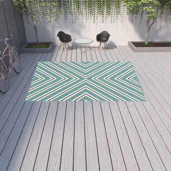 9' X 13' Blue Geometric Stain Resistant Indoor Outdoor Area Rug