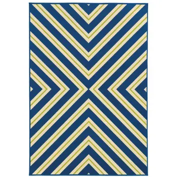 9' X 13' Blue and Ivory Geometric Stain Resistant Indoor Outdoor Area Rug