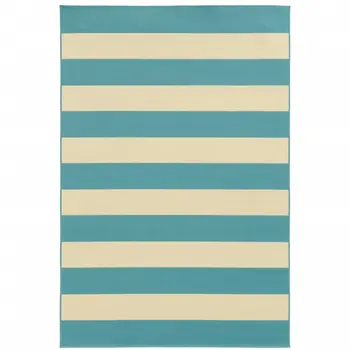 9' X 13' Blue and Ivory Geometric Stain Resistant Indoor Outdoor Area Rug