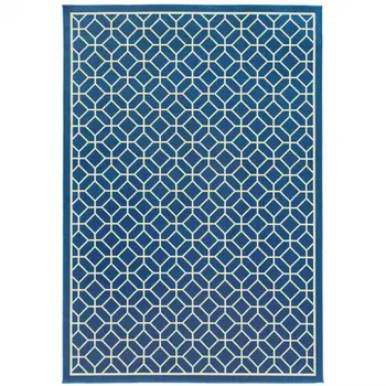 9' X 13' Blue and Ivory Geometric Stain Resistant Indoor Outdoor Area Rug