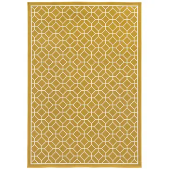 9' X 13' Gold and Ivory Geometric Stain Resistant Indoor Outdoor Area Rug