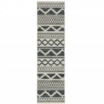2' X 7' Blue and Beige Geometric Stain Resistant Indoor Outdoor Area Rug