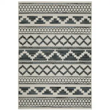 8' X 10' Blue and Beige Geometric Stain Resistant Indoor Outdoor Area Rug