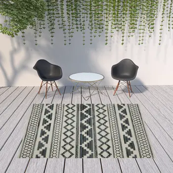 8' X 10' Blue and Beige Geometric Stain Resistant Indoor Outdoor Area Rug