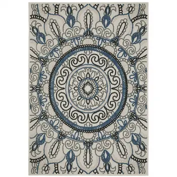 8' X 10' Blue and Beige Geometric Stain Resistant Indoor Outdoor Area Rug