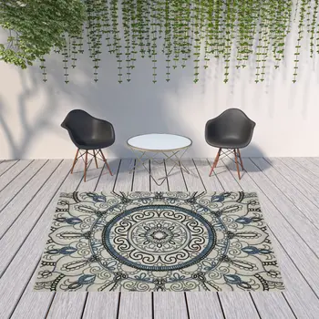 8' X 10' Blue and Beige Geometric Stain Resistant Indoor Outdoor Area Rug