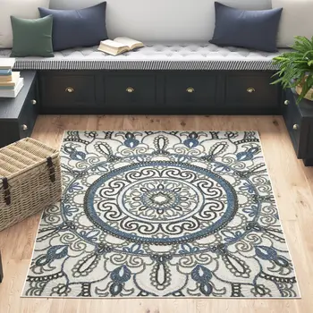 10' X 13' Blue and Beige Geometric Stain Resistant Indoor Outdoor Area Rug