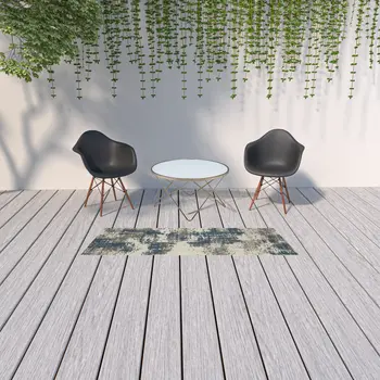 2' X 7' Blue and Beige Abstract Stain Resistant Indoor Outdoor Area Rug