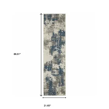 2' X 7' Blue and Beige Abstract Stain Resistant Indoor Outdoor Area Rug