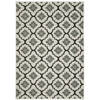 3' X 5' Beige and Black Geometric Stain Resistant Indoor Outdoor Area Rug