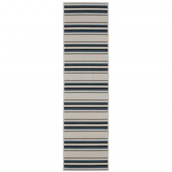 2' X 7' Blue and Beige Geometric Stain Resistant Indoor Outdoor Area Rug
