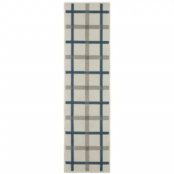 2' X 7' Blue and Beige Geometric Stain Resistant Indoor Outdoor Area Rug