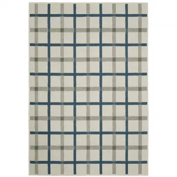 5' X 7' Blue and Beige Geometric Stain Resistant Indoor Outdoor Area Rug