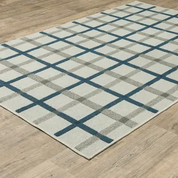 8' X 10' Blue and Beige Geometric Stain Resistant Indoor Outdoor Area Rug