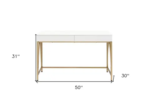 50" White And Gold Wood and Steel Vanity Table With Two Drawers