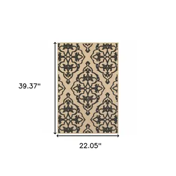 2' X 3' Beige and Black Oriental Stain Resistant Indoor Outdoor Area Rug