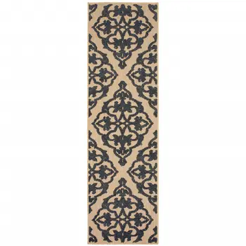 2' X 8' Beige and Black Oriental Stain Resistant Indoor Outdoor Area Rug