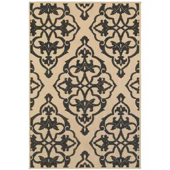 4' X 5' Beige and Black Oriental Stain Resistant Indoor Outdoor Area Rug