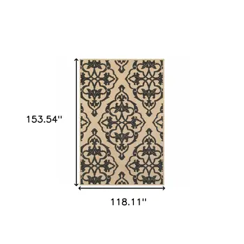 10' X 13' Beige and Black Oriental Stain Resistant Indoor Outdoor Area Rug
